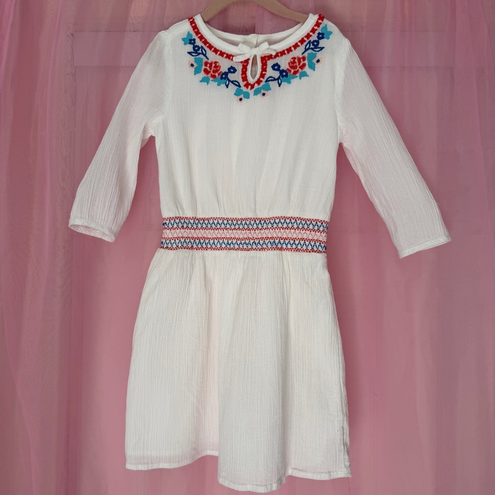 Janie and Jack 100% Cotton Floral Embroidered Smocked White Dress Girl’s Size 7